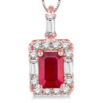 Load image into Gallery viewer, 6x4 MM Octagon Cut Ruby and 1/3 Ctw Round Cut Diamond Precious Pendant in 14K Rose Gold with Chain