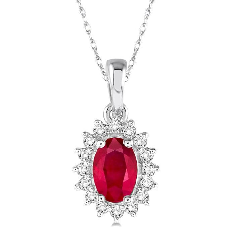 6x4 MM Oval Cut Ruby and 1/8 Ctw Round Cut Diamond Center Sunflower Precious Pendant in 10K White Gold with chain