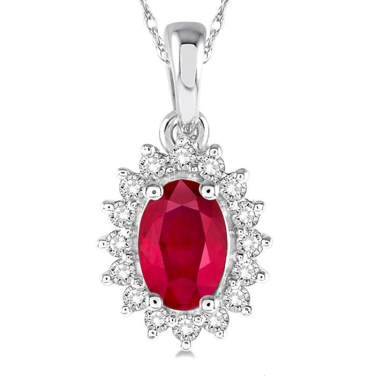 6x4 MM Oval Cut Ruby and 1/8 Ctw Round Cut Diamond Center Sunflower Precious Pendant in 10K White Gold with chain