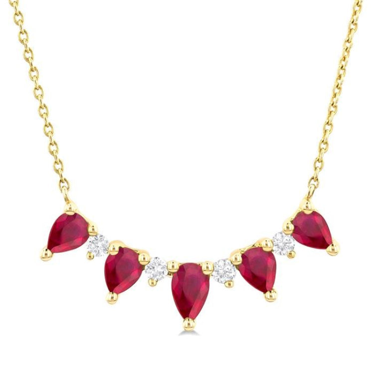 5x3 MM & 4x3 MM Pear Cut Ruby and 1/8 Ctw Round Cut Diamond Precious Necklace in 14K Yellow Gold