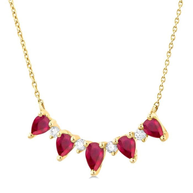 5x3 MM & 4x3 MM Pear Cut Ruby and 1/8 Ctw Round Cut Diamond Precious Necklace in 14K Yellow Gold