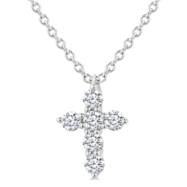 1/6 Ctw Round Cut Diamond Christian Cross 6-Stone Fashion Pendant With Chain in 14K White Gold