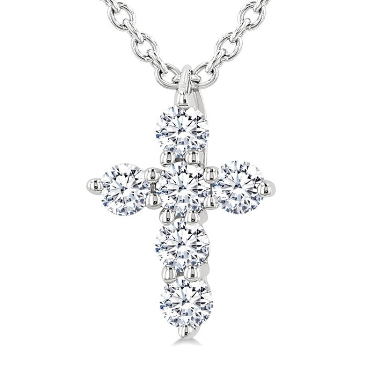 1/6 Ctw Round Cut Diamond Christian Cross 6-Stone Fashion Pendant With Chain in 14K White Gold