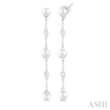 4 MM Round Shape Cultured Pearls and 1/20 Ctw Round Cut Diamond Station Long Earring in 14K White Gold