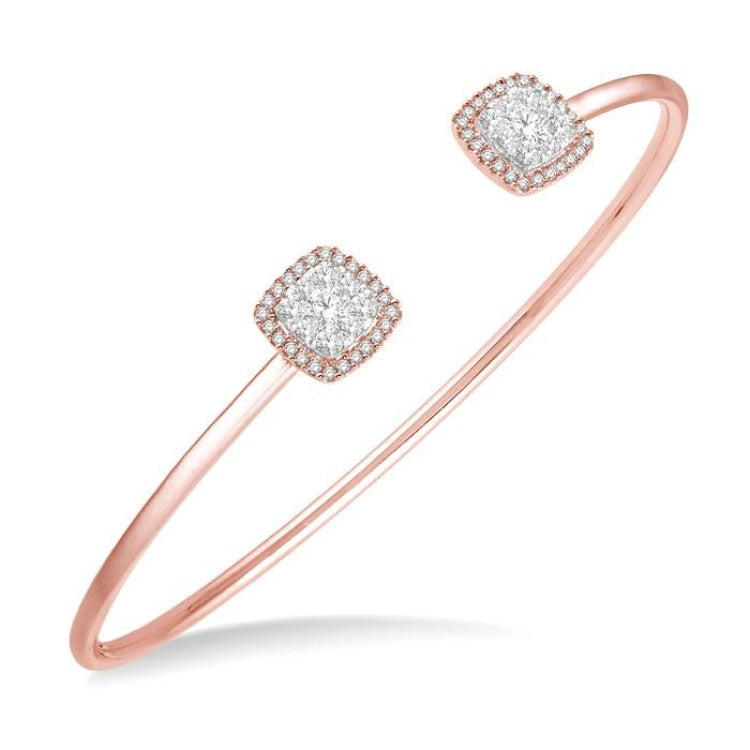 3/4 Ctw Cushion Shape Lovebright Open Cuff Diamond Bangle in 14K Rose and White Gold
