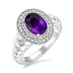 Load image into Gallery viewer, 9x7 MM Oval Shape Amethyst and 1/20 Ctw Round Cut Diamond Semi-precious Ring in Sterling Silver