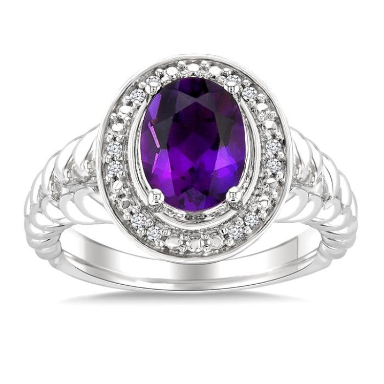 9x7 MM Oval Shape Amethyst and 1/20 Ctw Round Cut Diamond Semi-precious Ring in Sterling Silver
