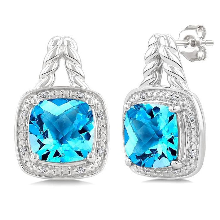 8 MM Cushion Shape Blue Topaz and 1/20 Ctw Round Cut Diamond Semi-Precious Earrings in Sterling Silver