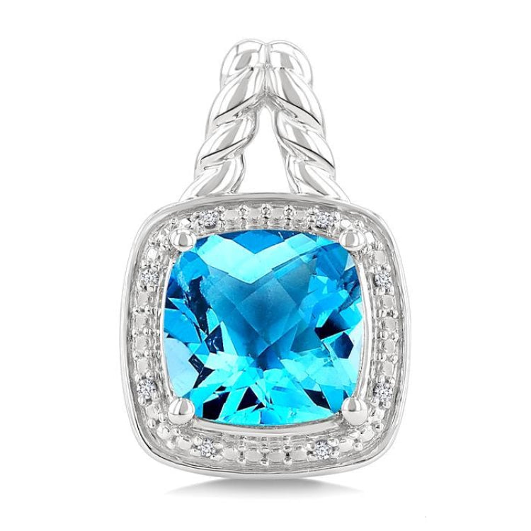 8 MM Cushion Shape Blue Topaz and 1/20 Ctw Round Cut Diamond Semi-Precious Earrings in Sterling Silver