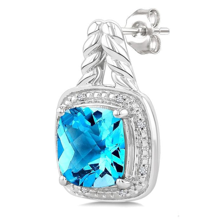 8 MM Cushion Shape Blue Topaz and 1/20 Ctw Round Cut Diamond Semi-Precious Earrings in Sterling Silver