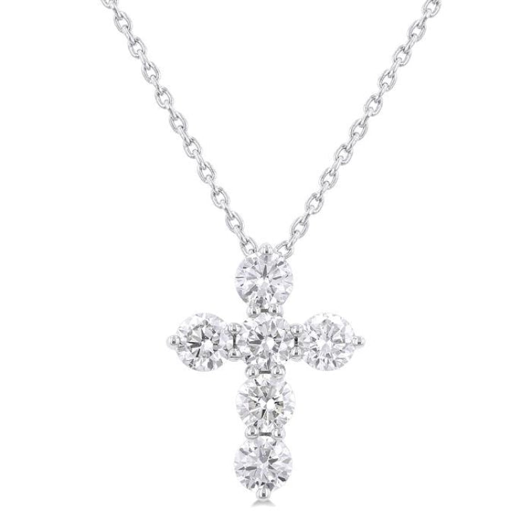 3/4 Ctw Round Cut Diamond Christian Cross 6-Stone Fashion Pendant With Chain in 14K White Gold