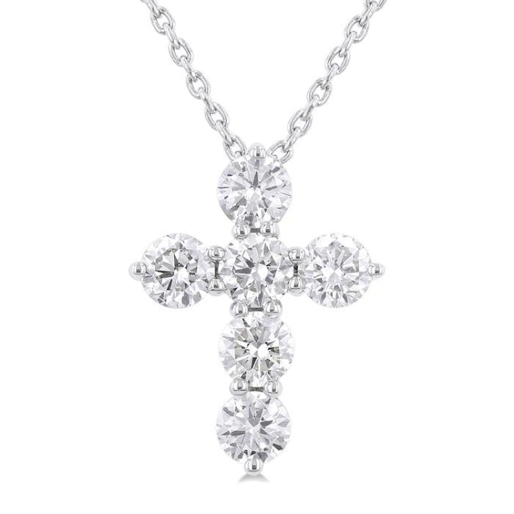3/4 Ctw Round Cut Diamond Christian Cross 6-Stone Fashion Pendant With Chain in 14K White Gold