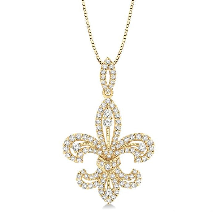 7/8 Ctw Round Cut Diamond Fleur De Lis Diamond Pendant in 14K Yellow Gold with Chain