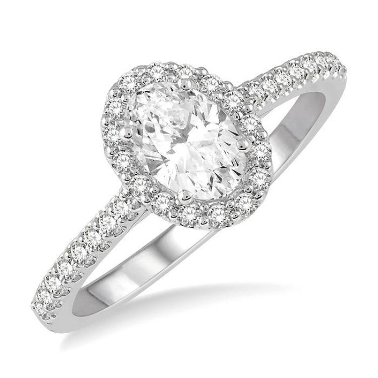 1 1/10 Ctw Oval Halo Round Cut Diamond Engagement Ring With 3/4 Ct Oval Cut Center Stone in 14K White Gold