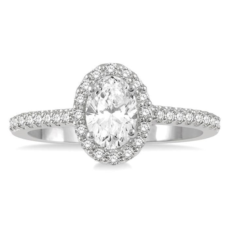 1 1/10 Ctw Oval Halo Round Cut Diamond Engagement Ring With 3/4 Ct Oval Cut Center Stone in 14K White Gold