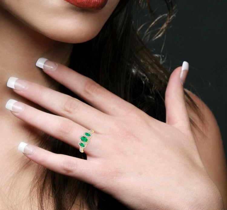 6x4 MM & 5x3 MM Triple Oval Shape Emerald and 1/5 Ctw Round Cut Diamond Precious Ring in 10K Yellow Gold
