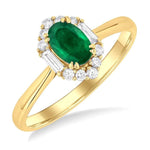 Load image into Gallery viewer, 6x4 MM Oval Cut Emerald and 1/5 Ctw Baguette &amp; Round Cut Diamond Hexagon Shape Halo Precious Ring in 10K Yellow Gold