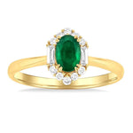 Load image into Gallery viewer, 6x4 MM Oval Cut Emerald and 1/5 Ctw Baguette &amp; Round Cut Diamond Hexagon Shape Halo Precious Ring in 10K Yellow Gold