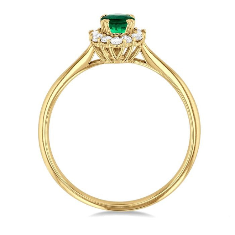 6x4 MM Oval Cut Emerald and 1/5 Ctw Baguette & Round Cut Diamond Hexagon Shape Halo Precious Ring in 10K Yellow Gold