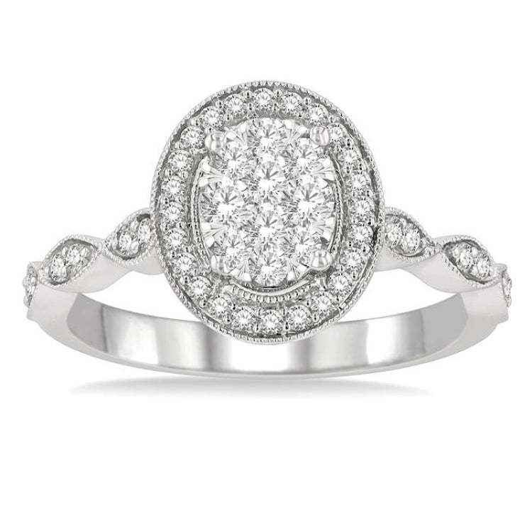 1/2 Ctw Oval Mount Criss Cross Shank Lovebright Round Cut Diamond Engagement Ring in 14K White Gold