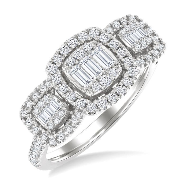 3/4 Ctw Cushion Shape Past, Present & Future Fusion Baguette and Round Cut Diamond Engagement Ring in 14K White Gold