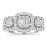 Load image into Gallery viewer, 3/4 Ctw Cushion Shape Past, Present &amp; Future Fusion Baguette and Round Cut Diamond Engagement Ring in 14K White Gold