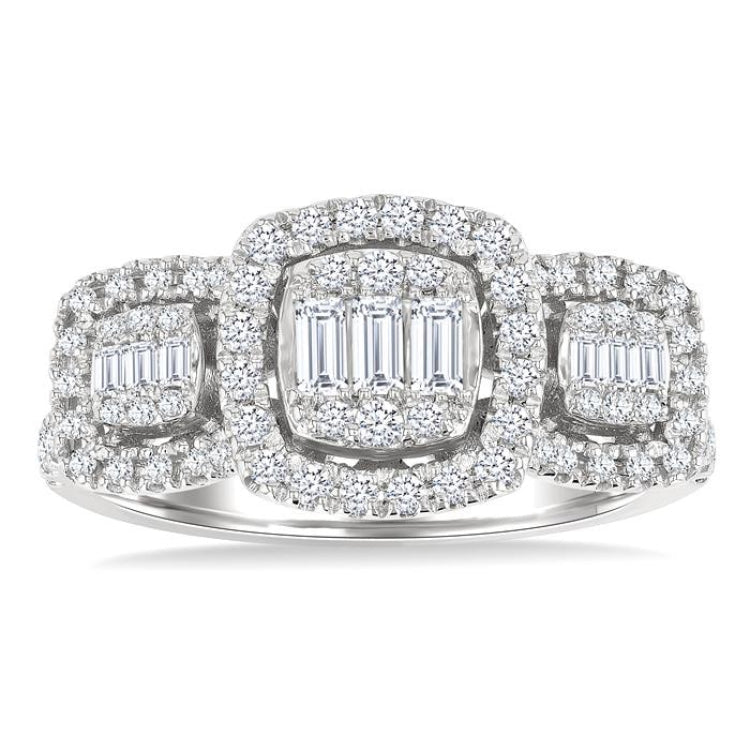 3/4 Ctw Cushion Shape Past, Present & Future Fusion Baguette and Round Cut Diamond Engagement Ring in 14K White Gold