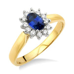 Load image into Gallery viewer, 6x4MM Oval Cut Sapphire and 1/5 Ctw Round Cut Diamond Ring in 14K Yellow Gold