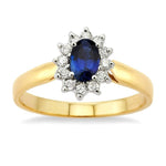 Load image into Gallery viewer, 6x4MM Oval Cut Sapphire and 1/5 Ctw Round Cut Diamond Ring in 14K Yellow Gold