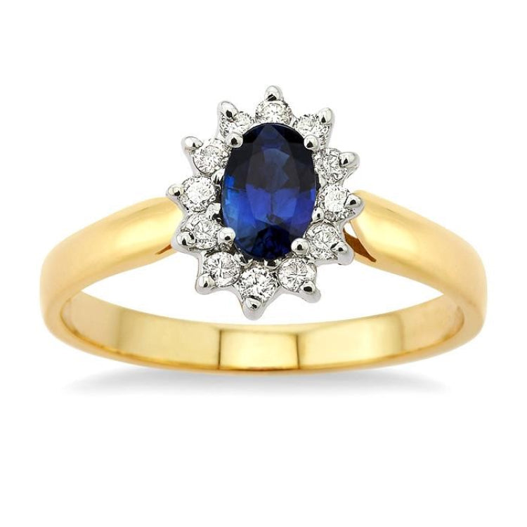 6x4MM Oval Cut Sapphire and 1/5 Ctw Round Cut Diamond Ring in 14K Yellow Gold