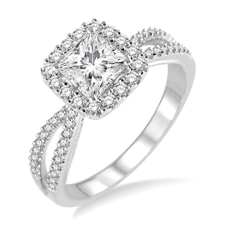 1/2 Ctw Diamond Engagement Ring with 1/4 Ct Princess Cut Center Stone in 14K White Gold