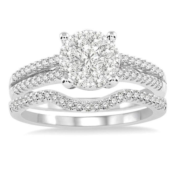 3/4 Ctw Diamond Wedding Set with 3/4 Ctw Round Cut Engagement Ring and 1/10 Ctw Wedding Band in 14K White Gold