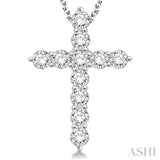 2 Ctw Round Cut Diamond Cross Pendant in 14K White Gold with Chain