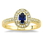 Load image into Gallery viewer, 5x3 MM oval cut Sapphire and 1/10 Ctw Round Cut Diamond Ring in 14K Yellow Gold.