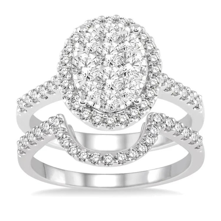 1 1/4 Ctw Oval Shape Diamond Lovebright Wedding Set with 1 Ctw Engagement Ring and 1/4 Ctw Wedding Band in 14K White Gold