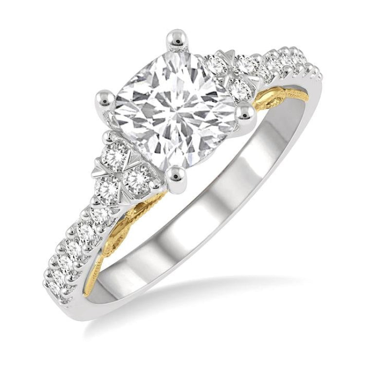 1/3 Ctw Cushion Shape Tri Mount Round Cut Diamond Semi-Mount Engagement Ring in 14K White and Yellow Gold