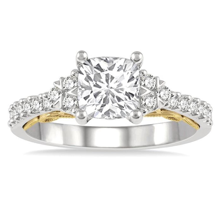 1/3 Ctw Cushion Shape Tri Mount Round Cut Diamond Semi-Mount Engagement Ring in 14K White and Yellow Gold