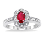 Load image into Gallery viewer, 6x4 MM Oval Cut Ruby and 1/6 Ctw Round Cut Diamond Ring in 14K White Gold