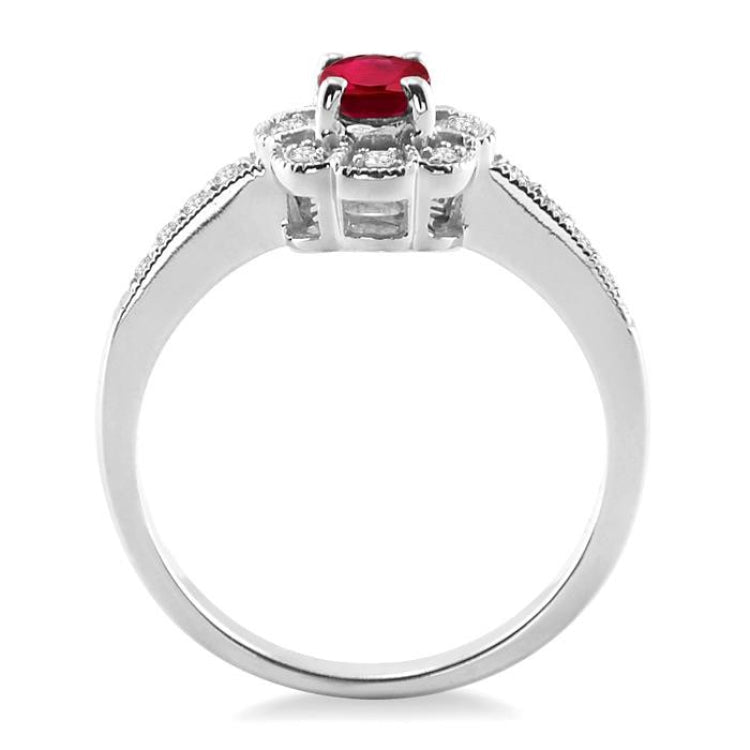 6x4 MM Oval Cut Ruby and 1/6 Ctw Round Cut Diamond Ring in 14K White Gold