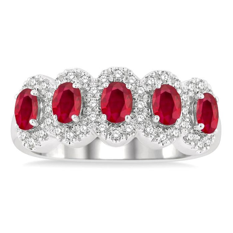 4x3 MM Oval Cut Ruby and 1/3 Ctw Round Cut Diamond Precious Wedding Band in 14K White Gold