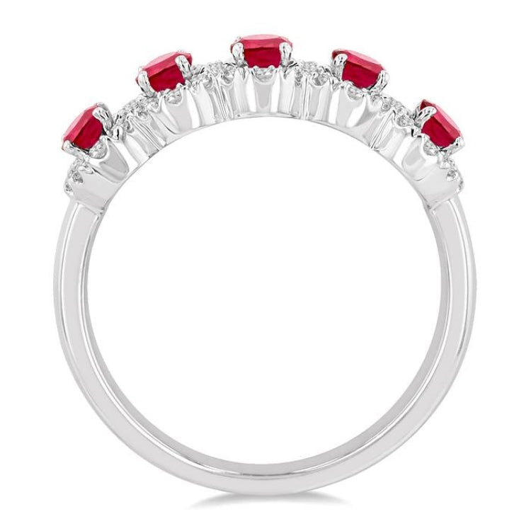 4x3 MM Oval Cut Ruby and 1/3 Ctw Round Cut Diamond Precious Wedding Band in 14K White Gold