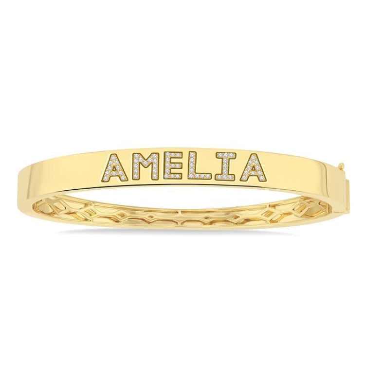 1/4 Ctw 'AMELIA' Block Name Single Cut Diamond Bangle in 10K Yellow Gold