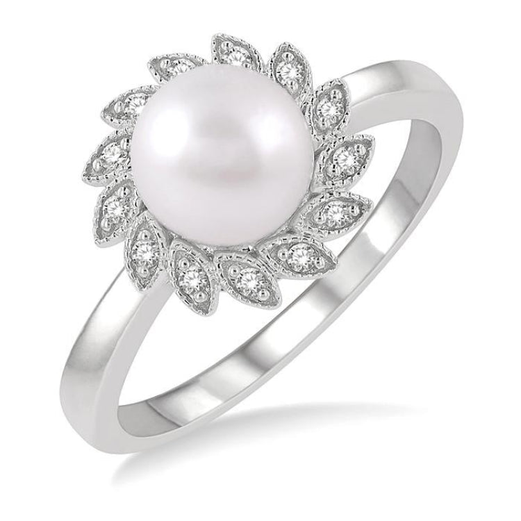 7x7 MM Round Shape Cultured Pearl and 1/10 Ctw Sunflower Round Cut Diamond Ring in 10K White Gold
