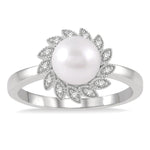 Load image into Gallery viewer, 7x7 MM Round Shape Cultured Pearl and 1/10 Ctw Sunflower Round Cut Diamond Ring in 10K White Gold