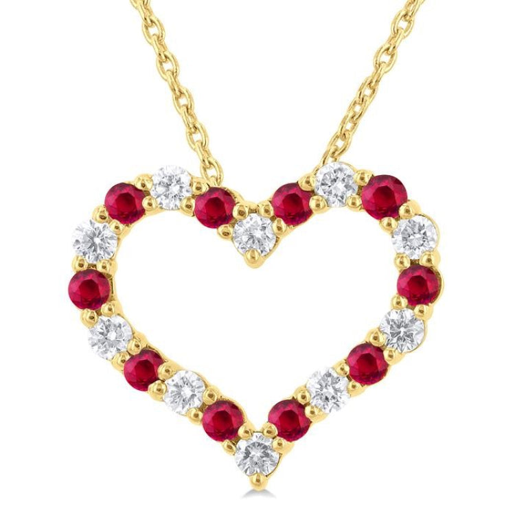 1.80 MM Round Cut Ruby and 1/4 Ctw Open Heart Round Cut Diamond Precious Fashion Pendant With Chain in 14K Yellow Gold