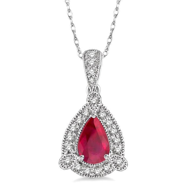 6x4 MM Pear Shape Ruby and 1/10 Ctw Round Cut Diamond Pendant in 14K White Gold with Chain