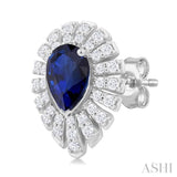 5X3 MM Pear Cut Sapphire and 1/3 Ctw Starburst Round Cut Diamond Precious Stud Earring in 14K White Gold