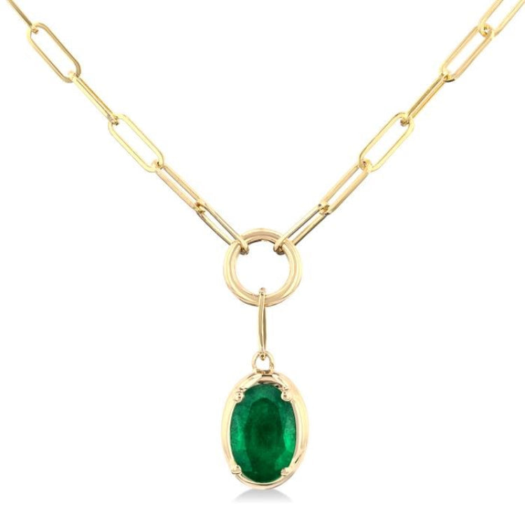 6x4 MM Oval Cut Emerald Solitaire Precious Paperclip Pendant With Chain in 10K Yellow Gold
