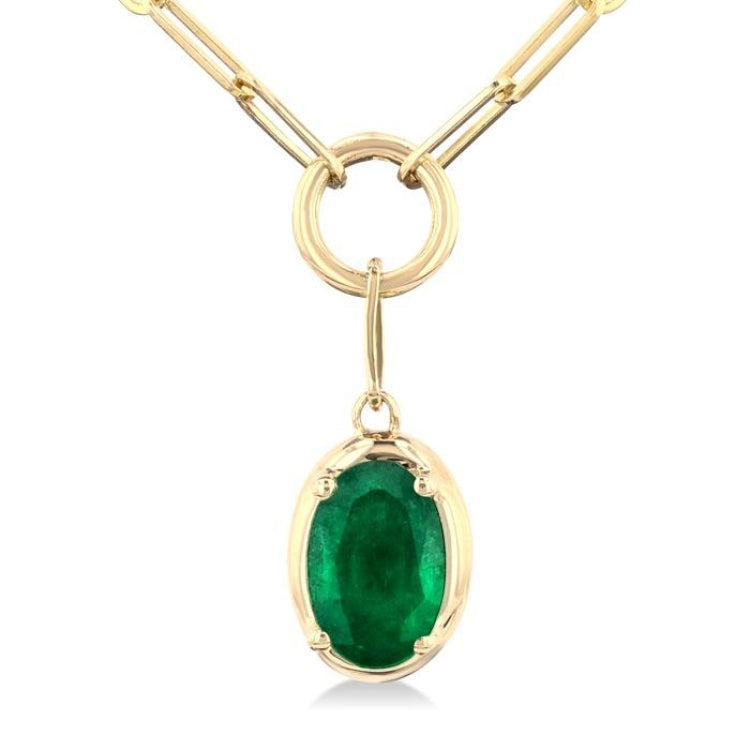 6x4 MM Oval Cut Emerald Solitaire Precious Paperclip Pendant With Chain in 10K Yellow Gold