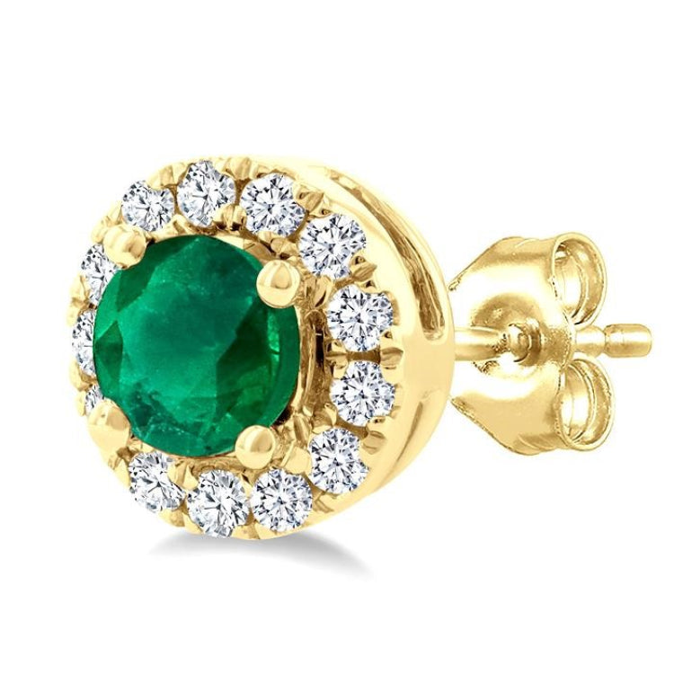 3.25 MM Round Emerald and 1/10 Ctw Round Cut Diamond Halo Precious Stud Earrings in 10K Yellow Gold